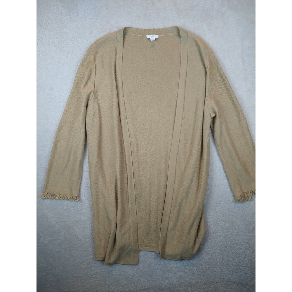 J. Jill Duster Cardigan Women's Medium Beige Linen Blend Fray Fringe Hem Sleeves
